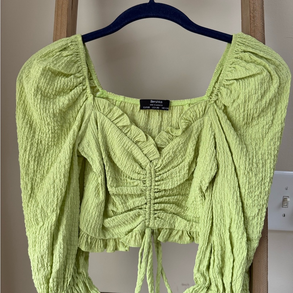Bershka Neon Lime Ruched Drawstring Puff Sleeve Crop Top